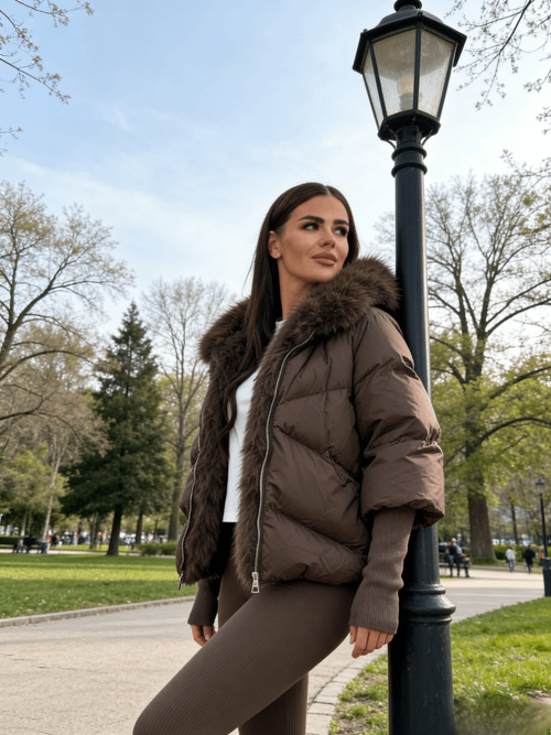 Bild von Eleganter Kurzmantel mit Kapuze – Trendige Damenjacke mit Pelz-Details