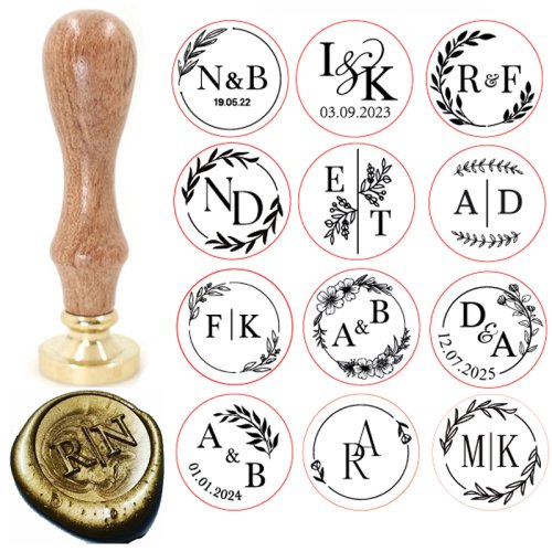 Afbeelding van Aangepaste messing lakzegel stempel met 2 initiële ornament krans, vintage herbruikbaar voor doe-het-zelf huwelijksuitnodiging en brieven, gratis gravure