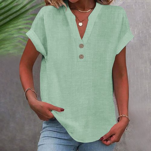 Immagine di Camicia Estiva Donna in Cotone e Lino con Scollo a V Abbottonata – Tinta Unità Traspirante, Comoda e Versatile per Ufficio e Look Casual