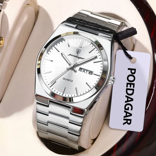 Imagen de Reloj de Pulsera de Lujo para Hombre de Negocios con Correa de Acero Inoxidable, Cuarzo Luminoso, Resistente al Agua y Función de Fecha y Semana