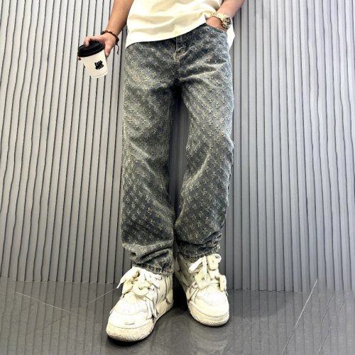 Imagen de Pantalones de mezclilla con patrón de jacquard, pantalones holgados de ajuste recto para hombre, pantalones vaqueros anchos desgastados para hombres