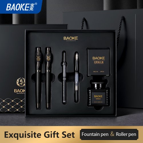Immagine di Set Regalo Penna Stilografica Baoke T18 T19 T20 in Grigio e Nero con Bottiglia d'Inchiostro, 6 Cartucce e Confezione Elegante per Scrittura Fluida