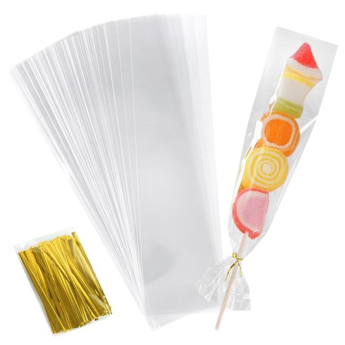 Image of Eco-Friendly Clear Cellophane Treat Bags for Candy, Cookies, and Lollipops – 100-Pack Long Plastic Party Favor Bags for Weddings, Birthdays, and Celebrations