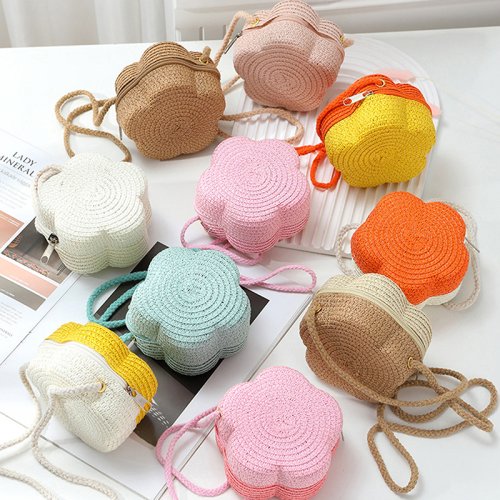 Imagen de Bolso de Hombro Hecho a Mano para Niñas, Bolso de Paja con Flores para Bebés, Bolso de Mensajero con Monedero y Llaves para Niños, Mini Bolso de Princesa Bonito