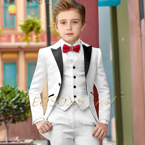 Image of Elegant White Three-Piece Tuxedo Suit for Boys – Custom Fit Blazer, Vest & Pants Set for Weddings, Parties, and Special Occasions