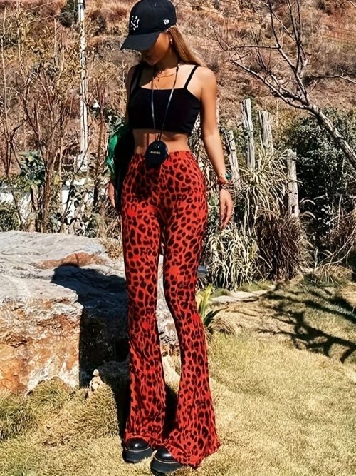 Bild von Neue Hohe Taille Leopard Print Flare Hosen frauen Stretchy Casual Streetwear Bauch-steuer Bootcut Hose Elastischer Bund