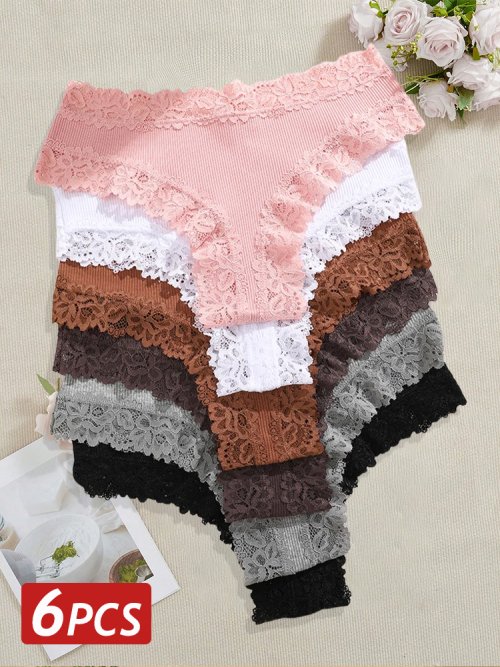 Image of 6-Pack Women's Sexy Lace Cotton Brazilian Panties – Low Waist Elastic Underwear, Bikini T-Back Lingerie for Ladies (S-XL)