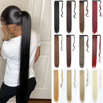Image de Extensions de Cheveux Synthétiques Noires - Queue de Cheval Lisse 22 Pouces
