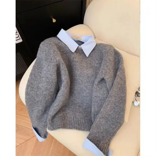 Image de Pull Col Rabattable Gris à Contraste - Tenue Automne Femme