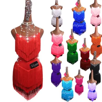 Robe de Danse Latine Élégante avec Strass et Pompons