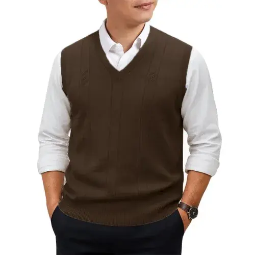 Image de Pull Sans Manches Homme Col V Tricot Torsadé