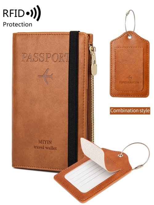 Imagen de Juego de Etiquetas de Equipaje RFID con Pasaporte Minimalista y Moderno en PU - Set de 2 Unidades para Viajeros Hombres y Mujeres