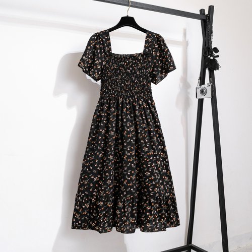 Bild von Frühling Sommer Chiffon Kleid Frauen Midi KleiderWeibliche Kurzarm Elastische Taille Gedruckt Floral Plissee Backless Casual Kleid
