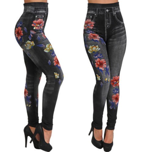 Zdjęcie Eleganckie bezszwowe jeggings z kwiatowym nadrukiem