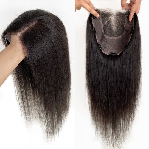 Afbeelding van Echte Maagdelijke Haar Topper 8x8 inch - Natuurlijk Zwarte Bruine Clips