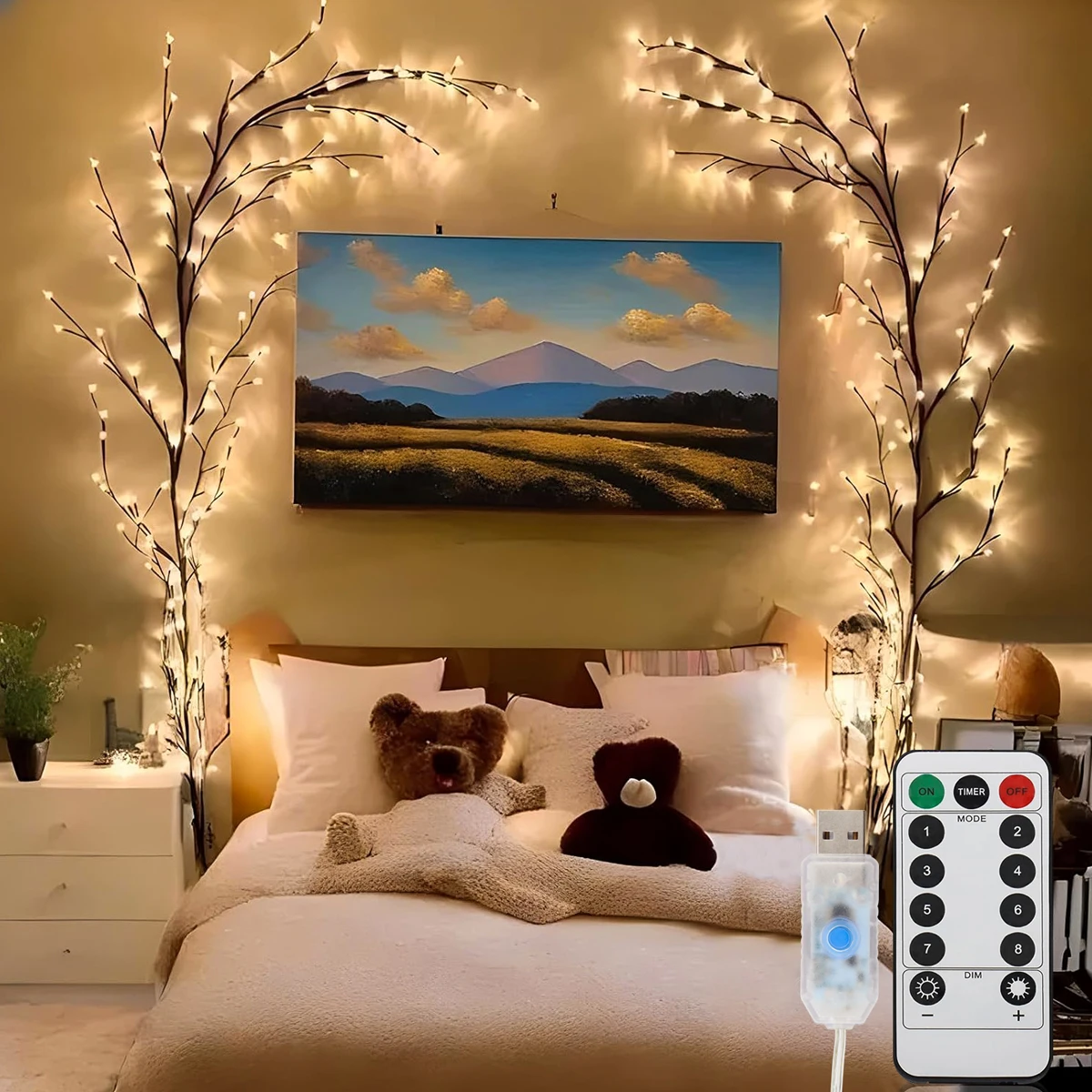 Afbeelding van Buigbare LED Wilgenwijnstok Verlichting met 8 Rotan Boomdecoratie - Decoratief Nachtlampje voor Muur, Slaapkamer, Binnen en Buiten, Ideaal voor Kerstmis