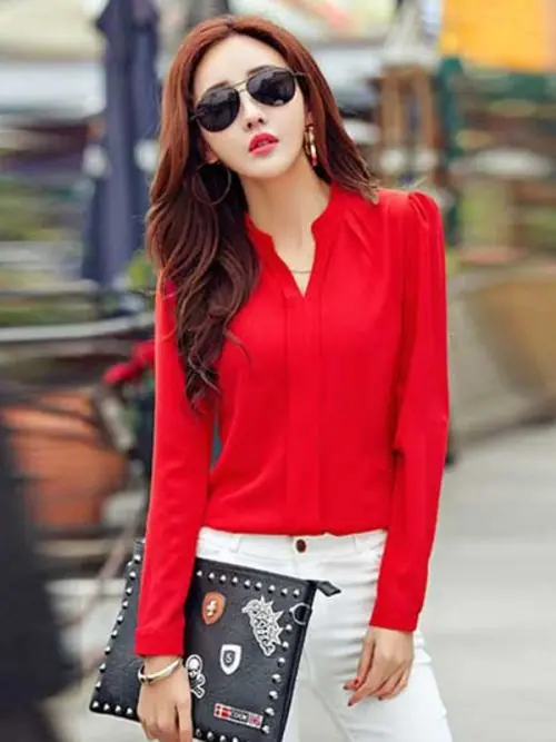 Image de Chemise élégante femme automne - Col V en mousseline de soie