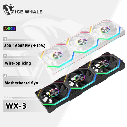 Afbeelding van Ice Whale WX 3-draads Splicing PC-Case Koelventilator met 3-Pin ARGB Spiegel Cyclus Lichteffect, 800-1600 RPM PWM Waterkoeling Koeler Fan