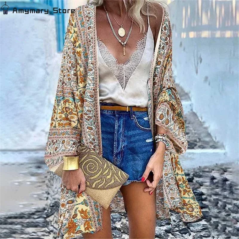 Imagen de Chaqueta Cárdigan Bohemia de Playa para Mujer – Estampado Veraniego, Manga Larga, Abrigo Ligero para Vacaciones y Ocio en la Playa, Tallas M a 5XL
