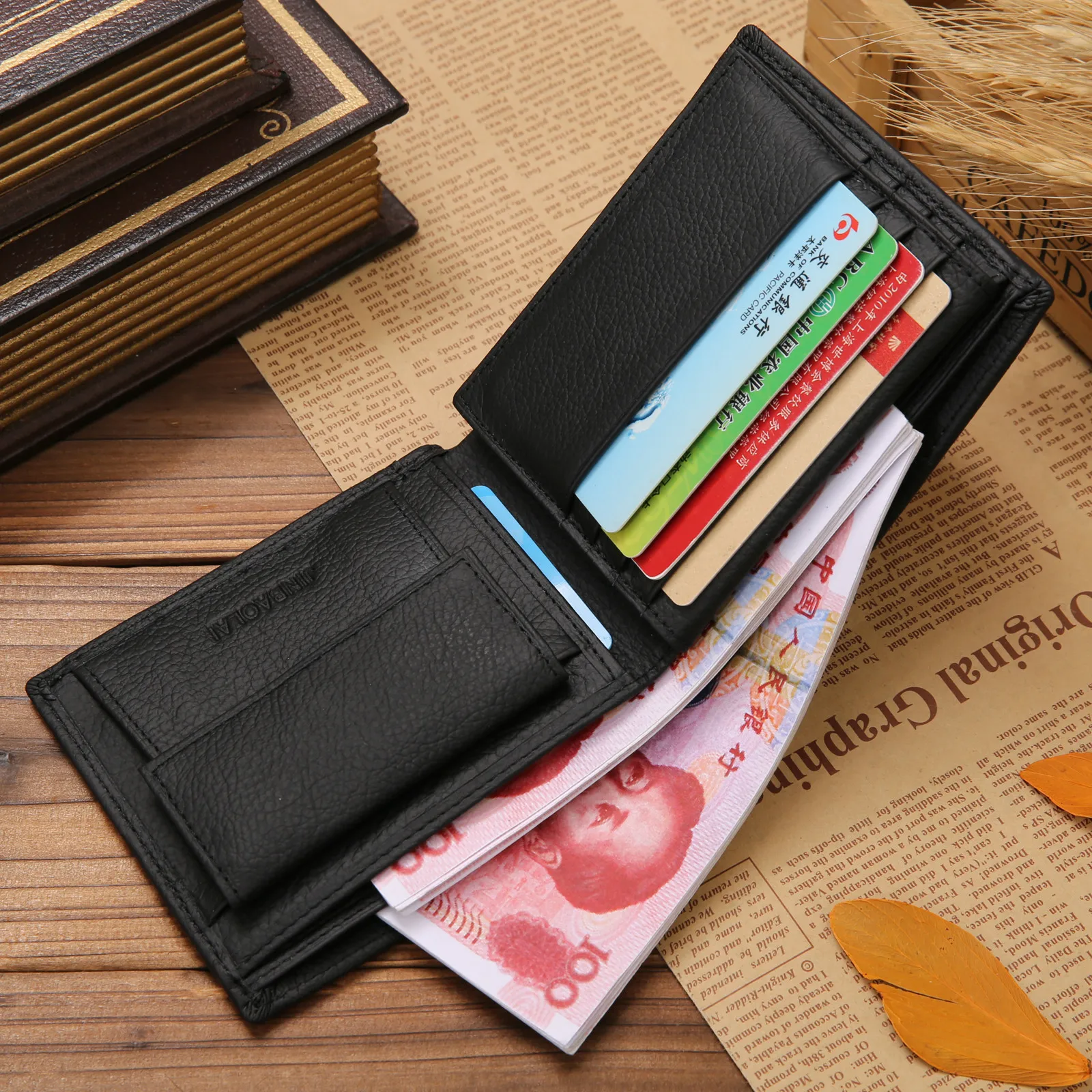 Image of 100% Genuine Leather Men Wallets Premium Product Real Cowhide Wallets for Man Short Black Walet Portefeuille Homme