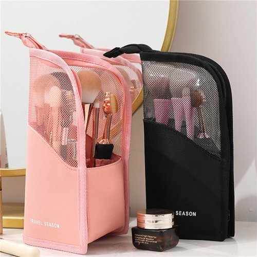Imagen de Estuche Plegable para Brochas de Maquillaje con Soporte Integrado, Bolsa Impermeable de Viaje con Cremallera, Taza de Maquillaje Portátil en Color Negro y Rosa