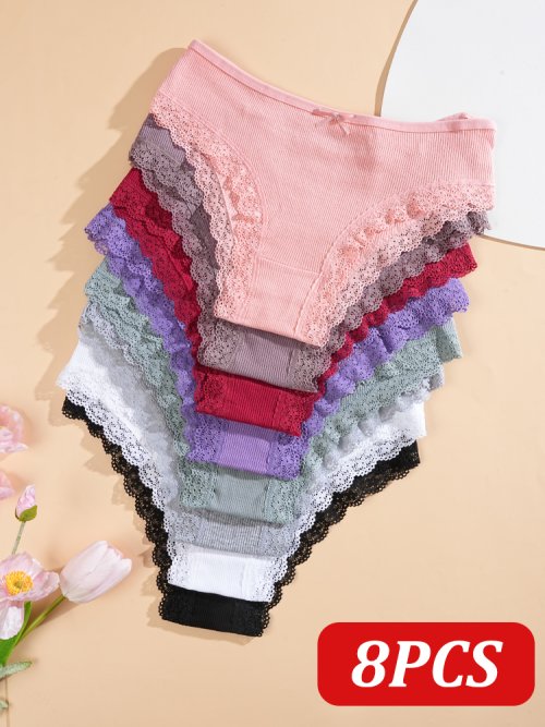 Immagine di Set di 8 Mutandine da Donna in Cotone con Pizzo e Nodo a Farfalla - Moda Intima Sexy e Comfortabile