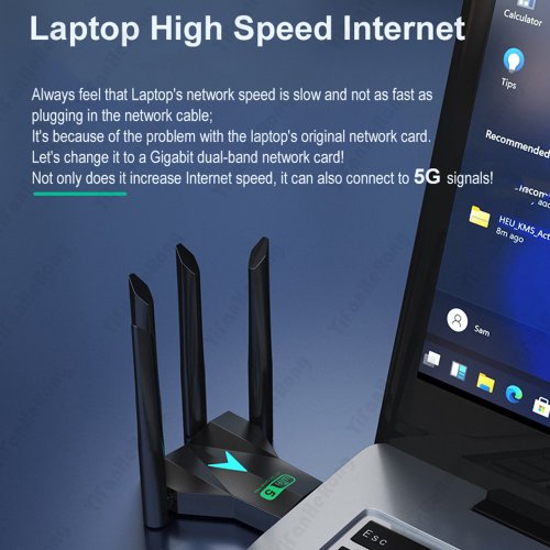 Afbeelding van Draadloze USB WiFi-adapter 1300 Mbps met 4 antennes – Dual Band 2.4 GHz en 5 GHz, 802.11ac, snelheid voor PC en laptop, inclusief gratis driver