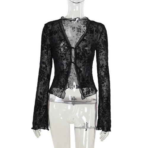 Image of Elegant Autumn Chiffon Slim Fit Shirt with Ruffle Trumpet Sleeves for Women – Stylish and Flattering Blouse