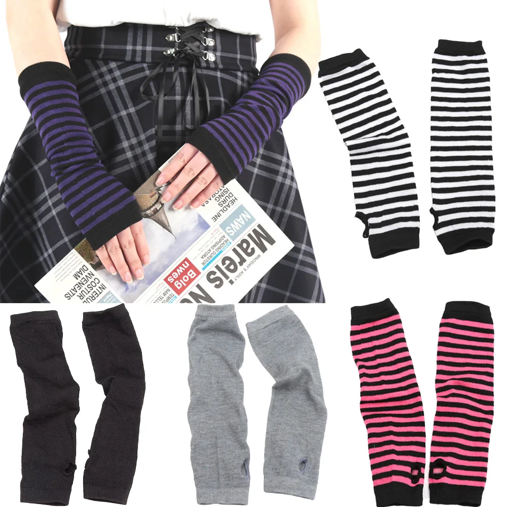 Imagen de Guantes de invierno largos para mujer con diseño a rayas, manoplas sin dedos de punto elástico, calentadores para brazo y codo, estilo hip hop, ideales para exteriores y fiestas de Halloween
