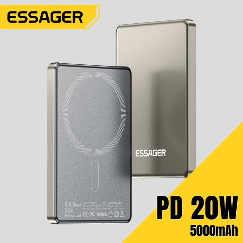 Image of Essager Thin Magnetic Wireless Power Bank 20W 5000mAh Portable Fast Charging External Battery Compatible with MagSafe for iPhone 15, 14, 13, 12