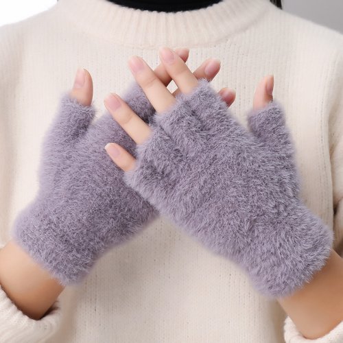 Imagen de Guantes sin dedos de felpa esponjosa para estudiantes, suaves y cálidos, estilo visón, ideales para invierno, mitones tejidos para niñas