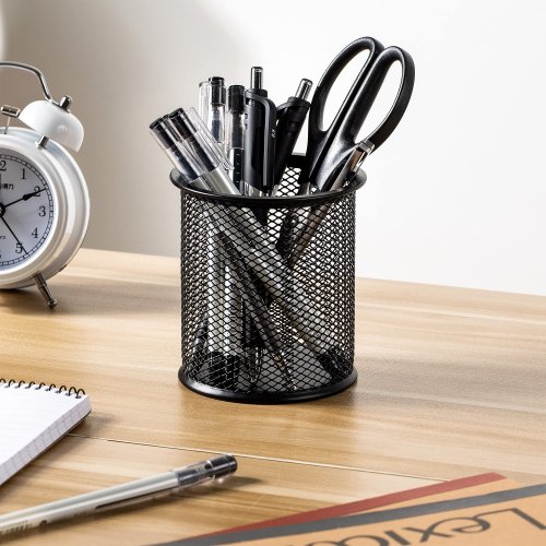 Image of Stylish Black Metal Mesh Desk Organizer with Pen Holders and Pencil Cup for Office and Home Workspaces