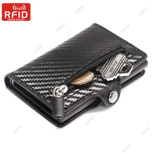 Zdjęcie Elegancki portfel męski z ochroną RFID, wykonany z włókna węglowego i skóry naturalnej – etui na karty kredytowe, biznesowy, metalowy, zabezpieczenie przed skanowaniem