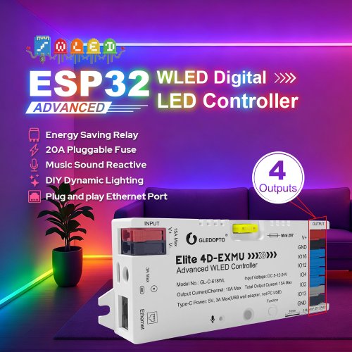 Image de Contrôleur LED ESP32 WLED 4 Sorties - Microphone & Ethernet