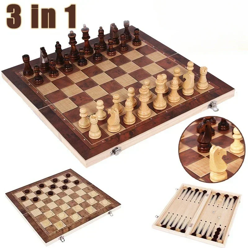 Afbeelding van Opvouwbaar 3-in-1 Houten Schaken, Dammen en Backgammon Spelbord – Draagbaar en Kwalitatief voor Volwassenen en Families
