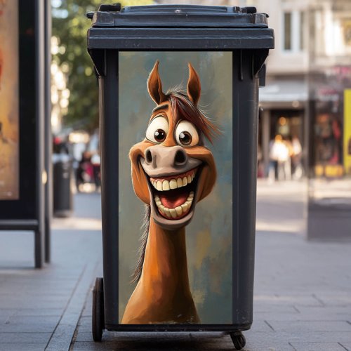 Image of Funny Cartoon Horse Trash Can Stickers - Smiling Animal Vinyl Decals for Home Decor, Waterproof & Anti-Slip Bin Decoration, Easy to Clean