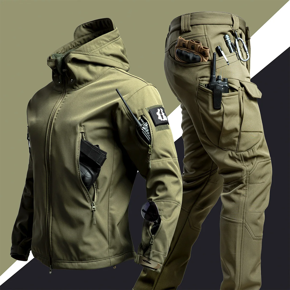 Image of 5XL 6XL Low Price Sale of Men's Outdoor New Soft Shell Waterproof and Cut Resistant Thick Wool Fleece Multi Pocket Tactical Set