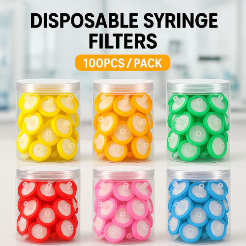 Image of Premium Disposable Syringe Filters – 100-Pack with 13mm, 25mm, 33mm Sizes & 0.22µm, 0.45µm Pore Options in PES, Nylon, PVDF, PTFE, PP, MCE for Lab Filtration