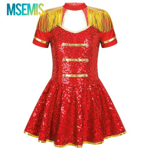 Image of Kids Girls Circus Ringmaster Director Dress Up Cosplay Costumes Honor Guard Shiny Sequin Gold Tassel Dress Ballet Dance Costume
