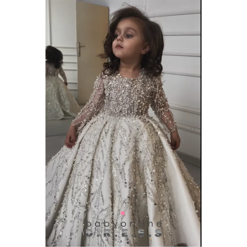 Image of Elegant Pearl Beaded Long Sleeve Maxi Dress with Flower Embroidery for Little Princesses – Perfect Wedding Party Girl Gown
