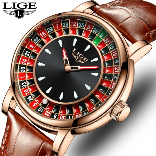 Imagen de Reloj de Pulsera para Hombre con Correa de Cuero Marrón, Diseño Temático de Ruleta de Las Vegas, Esfera Giratoria, Luminoso e Impermeable