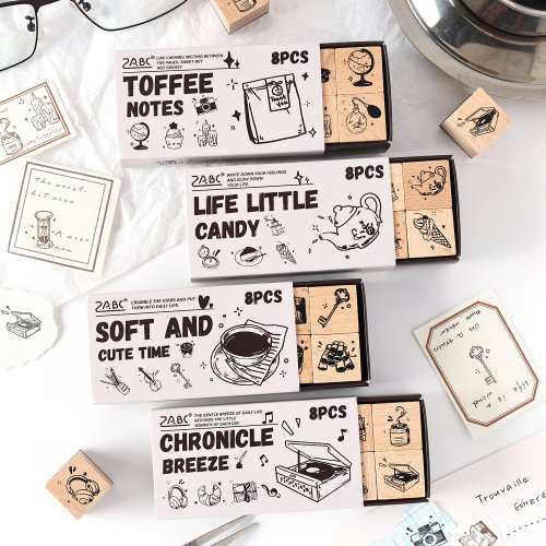 Image of 8-Piece Vintage Cartoon Wooden Rubber Stamp Set with Letters, Numbers, and Symbols for Crafting, Card Making, Planners, and Scrapbooking