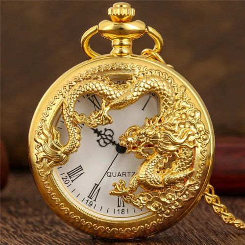Bild von Klassische Vintage-Taschenuhr, modische Hohlschnitzerei, chinesischer Drache, römische Ziffern, Zifferblatt, Halskette, Geschenk