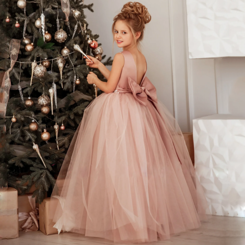 Immagine di Abito da Donna di Fiore Personalizzato con Cintura di Perle Rosa Polveroso e Fiocco - Elegante Abito da Comunione, Banchetto di Compleanno e Matrimonio