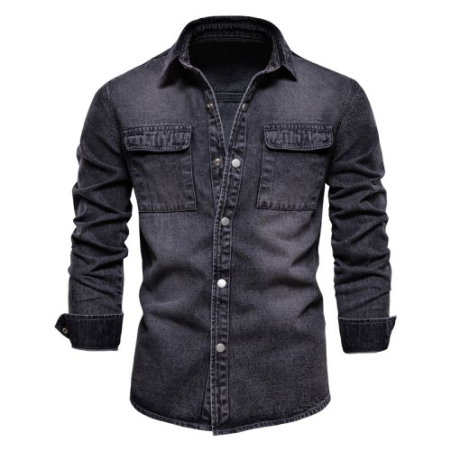 Imagen de AIOPESON 100% camisas vaqueras de algodón para hombre, camisa informal de manga larga gruesa de Colo...