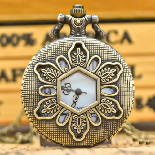Afbeelding van Vintage Uitgehold Clamshell Bronzen Bloem Gesneden Ketting Quartz Zakhorloge - Elegante Mode Sieraden Cadeau voor Heren en Dames