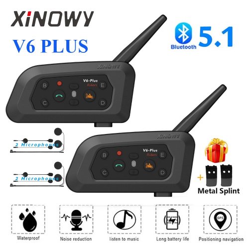 Bild von Xinowy V6 Plus Motorradhelm-Bluetooth-Headset mit Intercom-Funktion, 1200 Meter Reichweite, wasserdicht, für bis zu 6 Fahrer