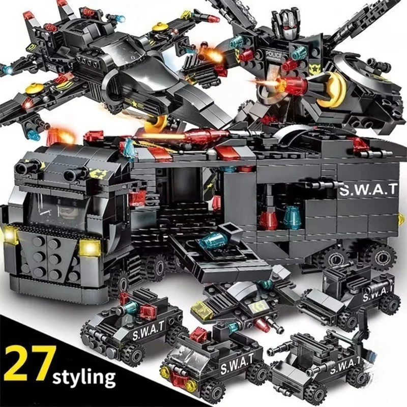 Zdjęcie 585 sztuk 8w1 SWAT komisariat policji dowódca ciężarówka Model klocki helikopter miejski zestaw klocków zabawki edukacyjne dla dzieci