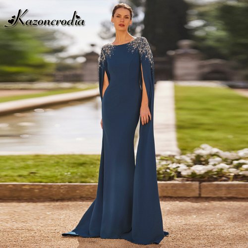 Imagen de Vestido Glamuroso de Sirena para Madre de la Novia con Capa y Apliques de Encaje - Elegante Traje de Noche para Bodas y Eventos Especiales