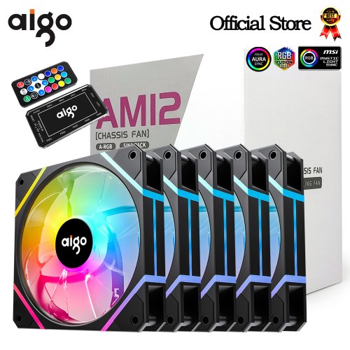 Zdjęcie Zestaw wentylatorów Aigo AM12 RGB 120mm z kontrolerem – chłodzenie procesora i obudowy PC, kompatybilne z chłodzeniem wodnym, oświetlenie ARGB, 6-pin